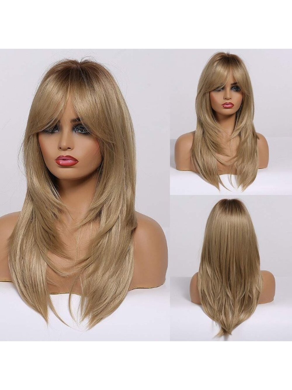 Women ombre ash blonde Heat Resistant Long Curly Shoulder Length Synthetic Wigs